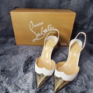 White and gold Louboutin shoes